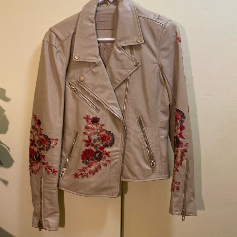 BLANKNYC red floral embroidered tan leather jacket